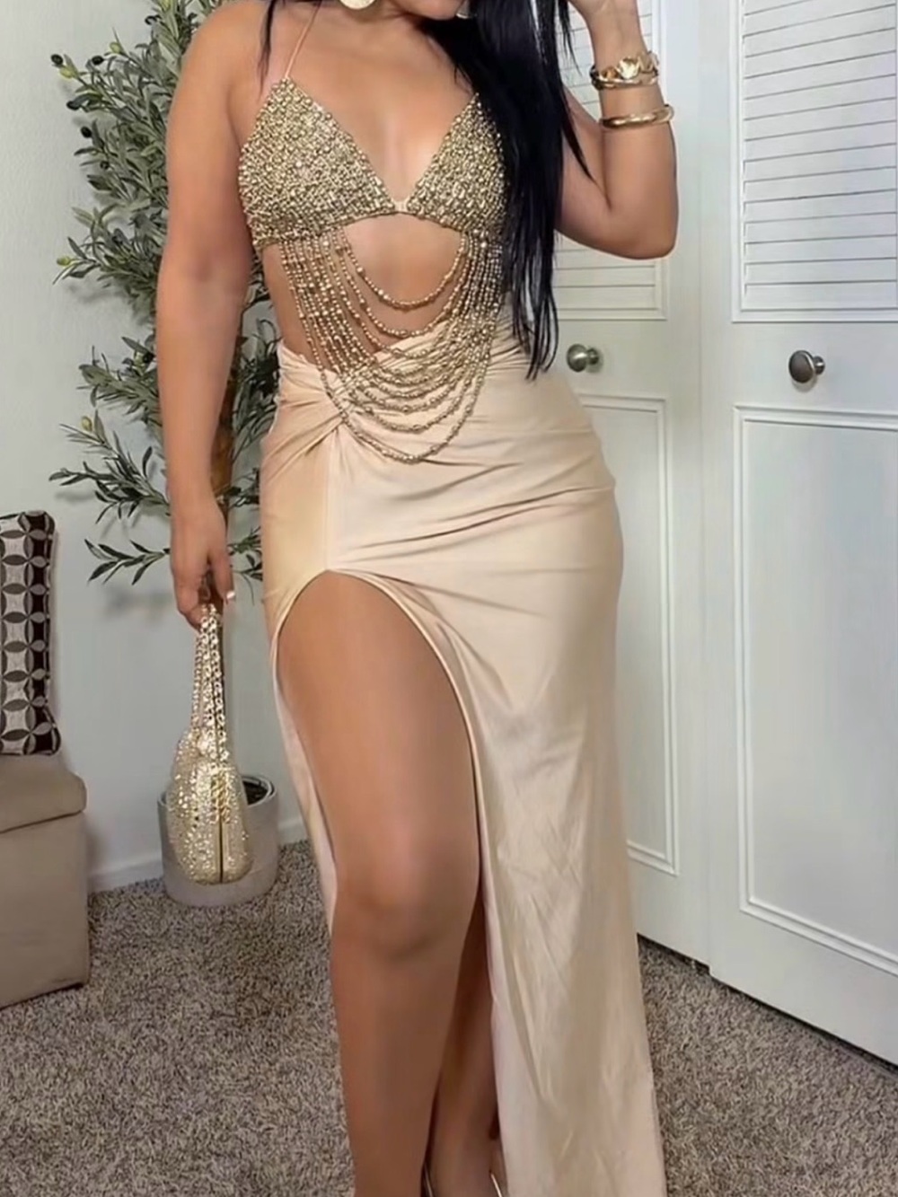 Windsor Gold Beaded Cutout Maxi Dress – Size XS